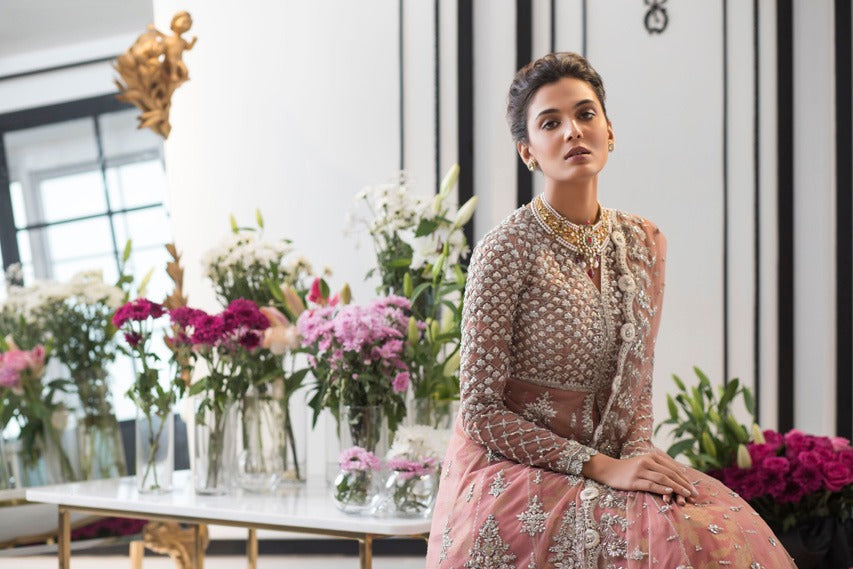 Rose Pink Embroidered Cotton Net & Jamawar Bridal Lehenga (3-Piece) - Image 5