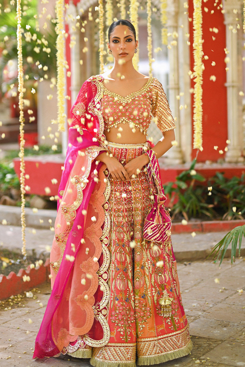 Coral Pink Zardozi Cotton Net Lehenga Choli (3-Piece) - Image 1