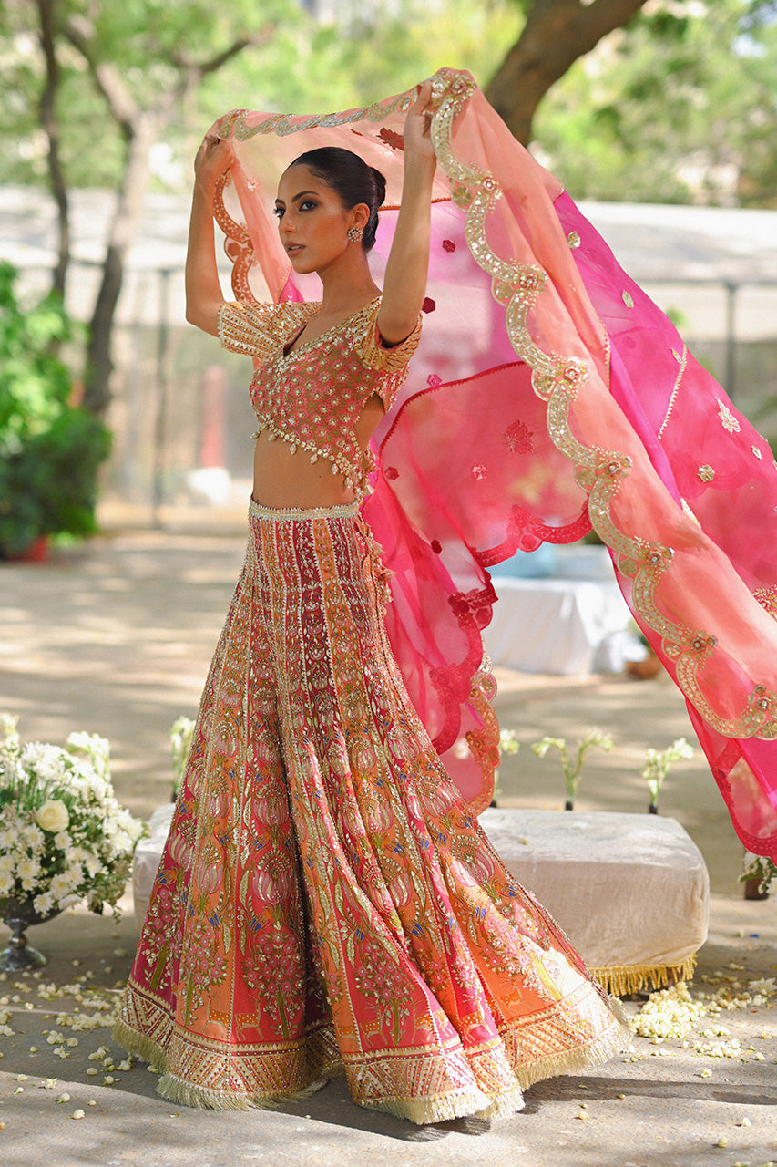 Coral Pink Zardozi Cotton Net Lehenga Choli (3-Piece) - Image 10