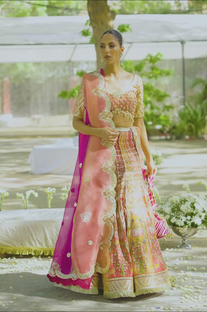 Coral Pink Zardozi Cotton Net Lehenga Choli (3-Piece) - Image 11