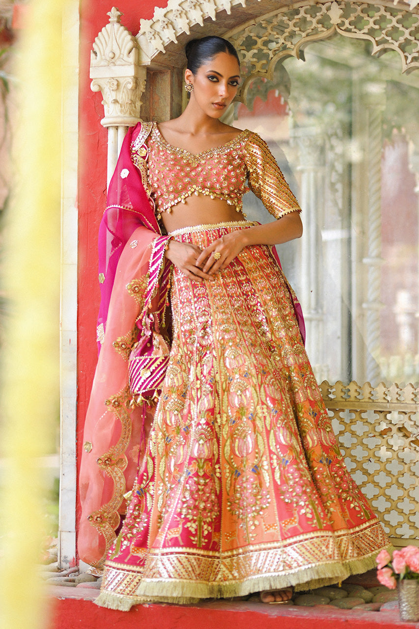 Coral Pink Zardozi Cotton Net Lehenga Choli (3-Piece) - Image 2