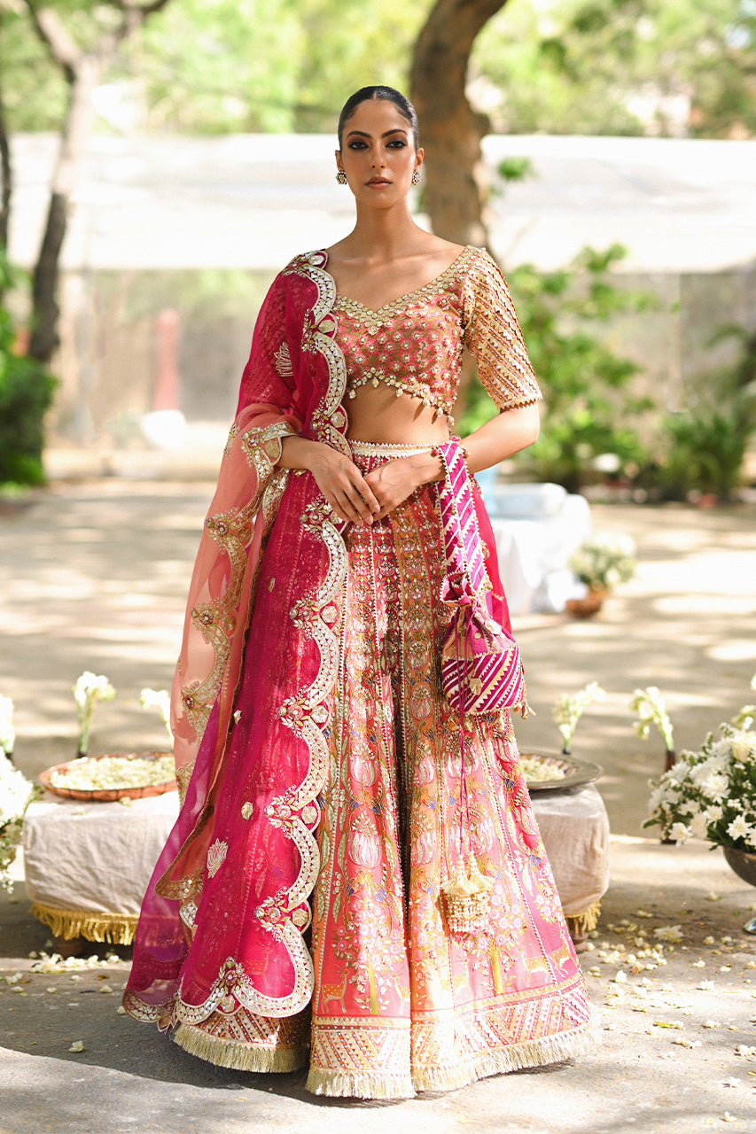 Coral Pink Zardozi Cotton Net Lehenga Choli (3-Piece) - Image 3