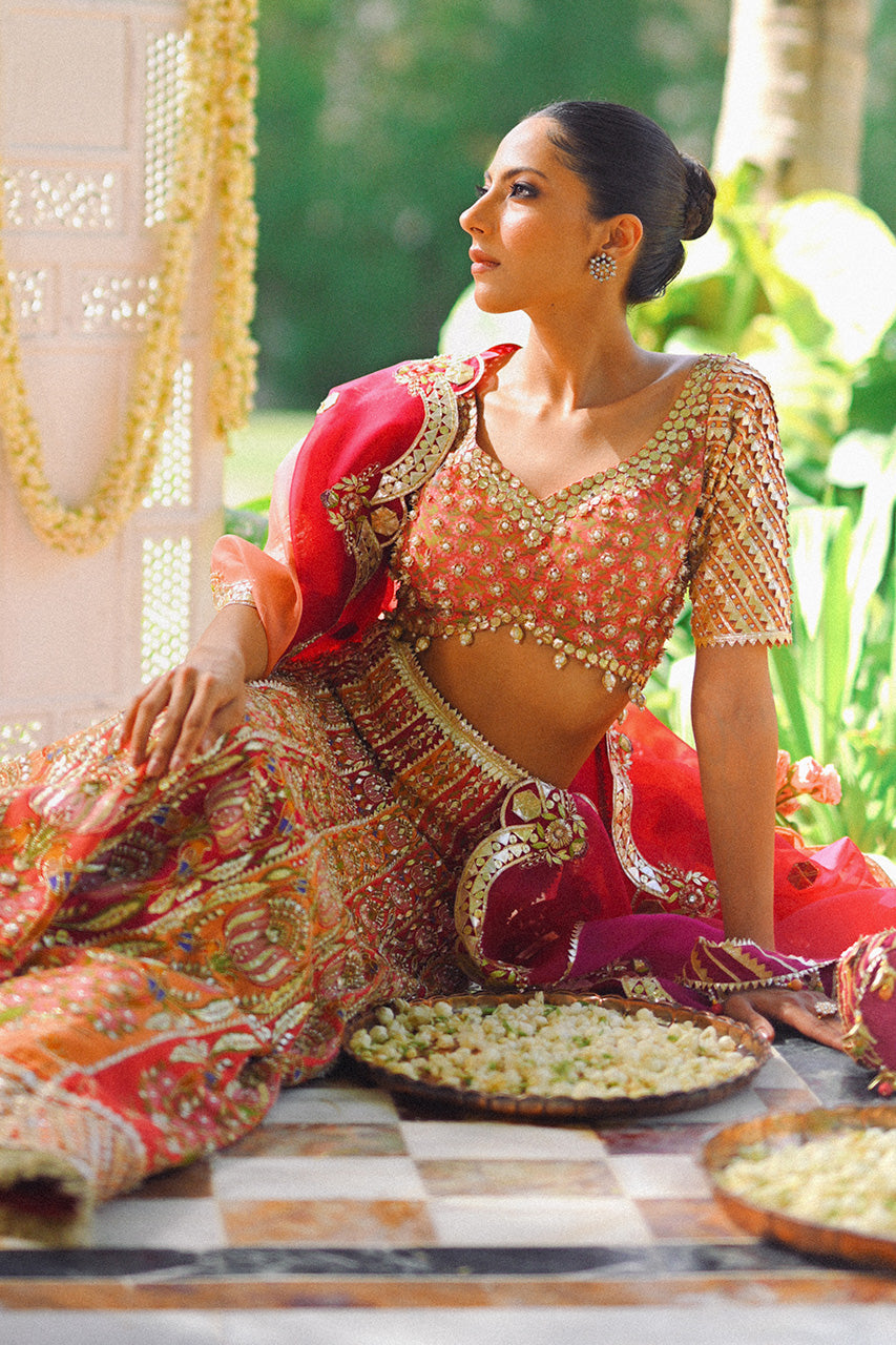 Coral Pink Zardozi Cotton Net Lehenga Choli (3-Piece) - Image 4