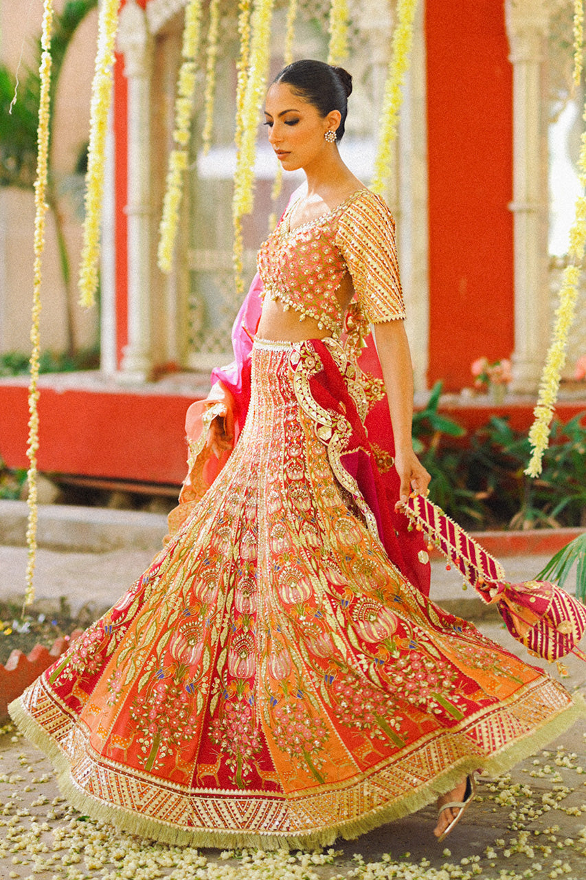 Coral Pink Zardozi Cotton Net Lehenga Choli (3-Piece) - Image 5