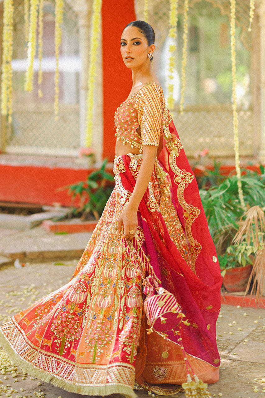 Coral Pink Zardozi Cotton Net Lehenga Choli (3-Piece) - Image 6