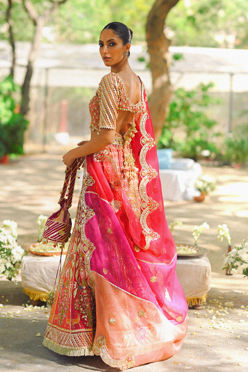 Coral Pink Zardozi Cotton Net Lehenga Choli (3-Piece) - Image 7