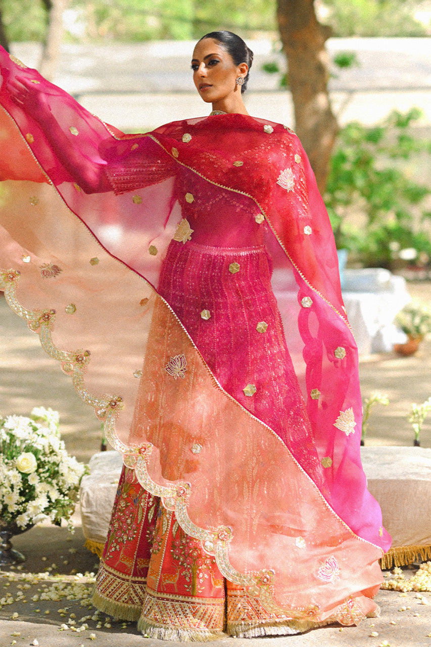 Coral Pink Zardozi Cotton Net Lehenga Choli (3-Piece) - Image 8