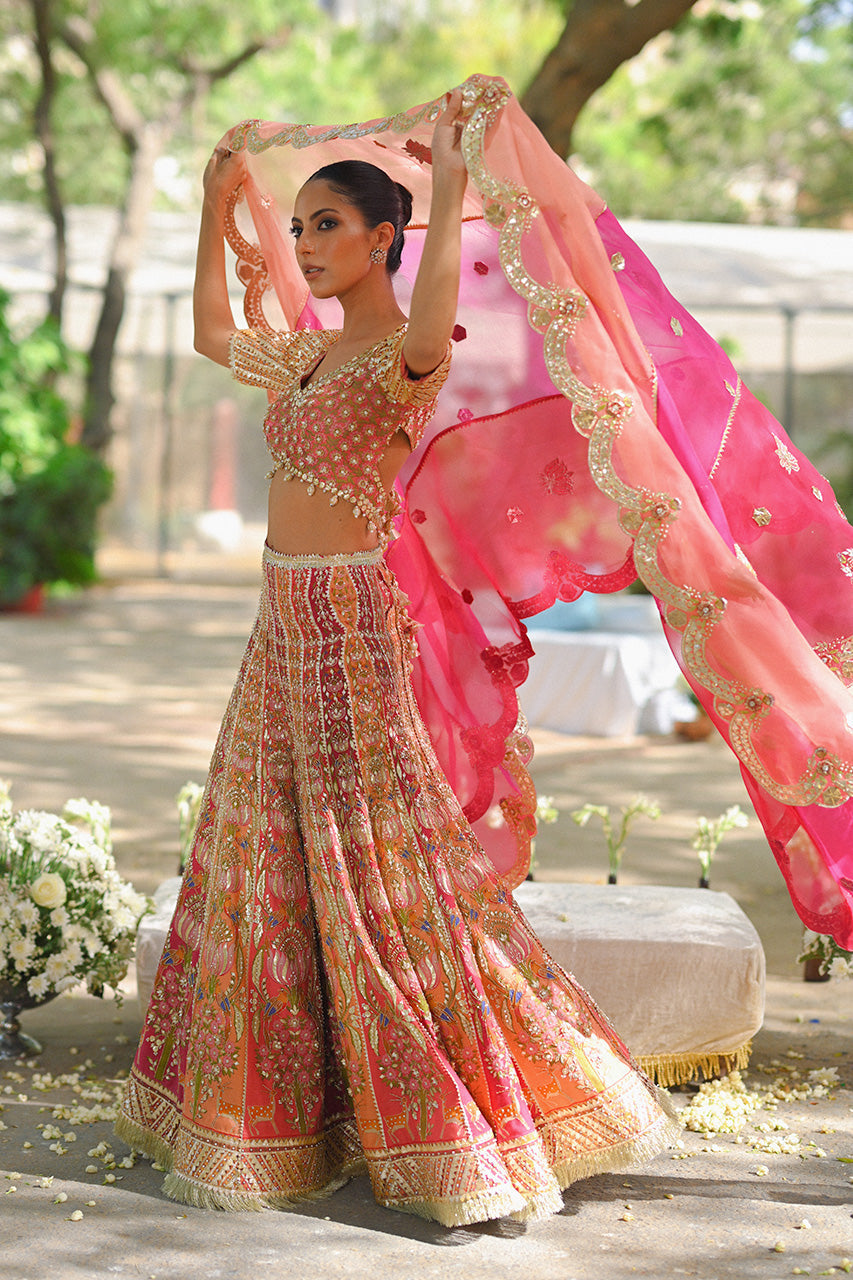Coral Pink Zardozi Cotton Net Lehenga Choli (3-Piece) - Image 9