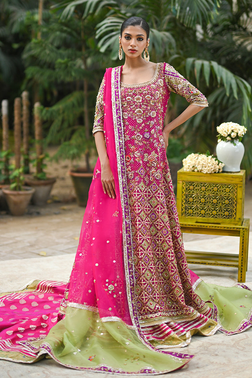 Hot Pink & Sage Green Zardozi Cotton Net Bridal Lehenga (3-Piece) - Image 1