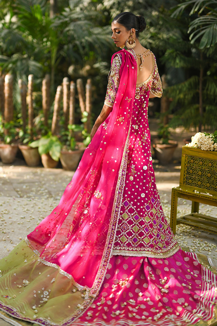 Hot Pink & Sage Green Zardozi Cotton Net Bridal Lehenga (3-Piece) - Image 2