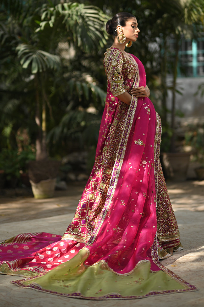 Hot Pink & Sage Green Zardozi Cotton Net Bridal Lehenga (3-Piece) - Image 3
