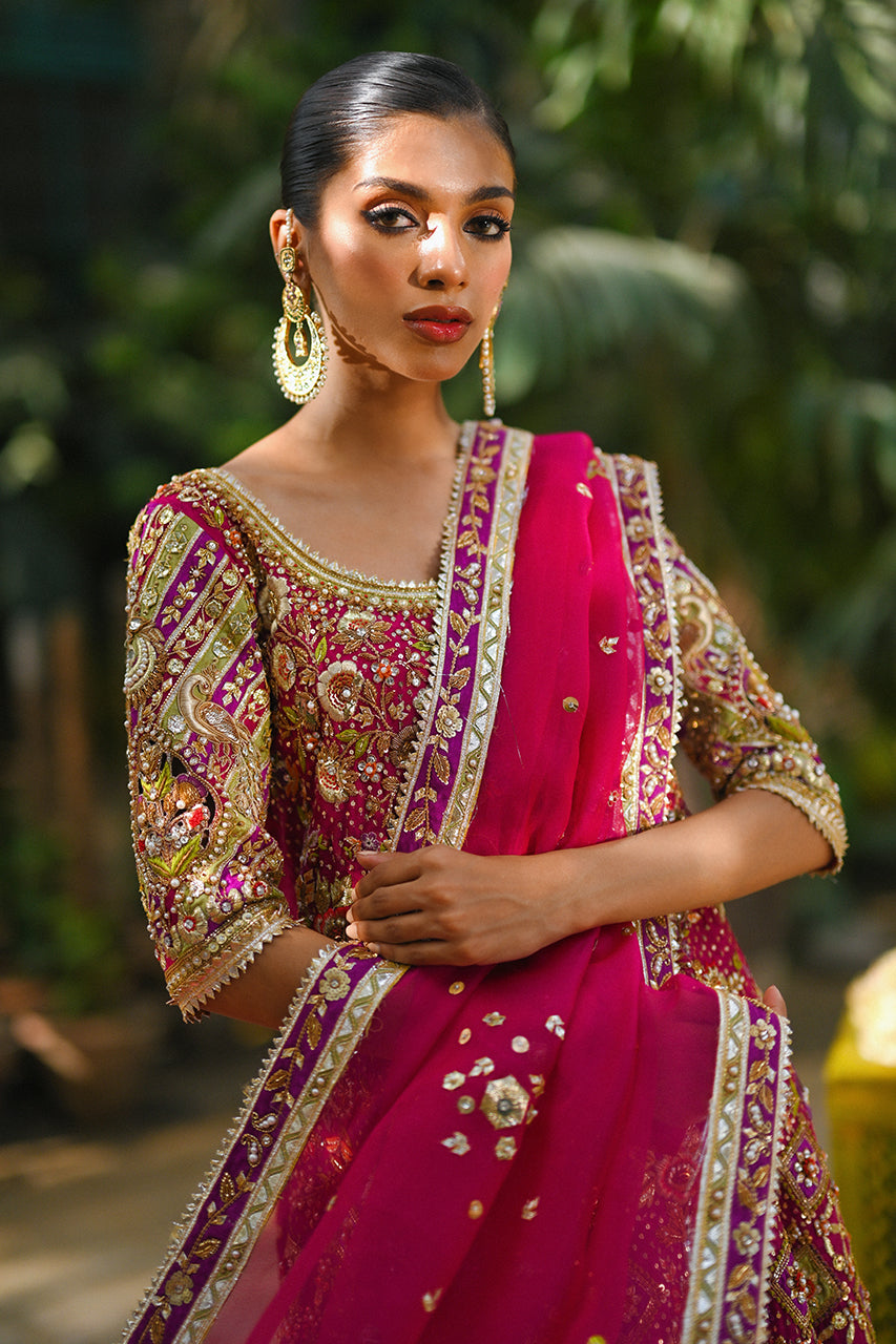Hot Pink & Sage Green Zardozi Cotton Net Bridal Lehenga (3-Piece) - Image 4