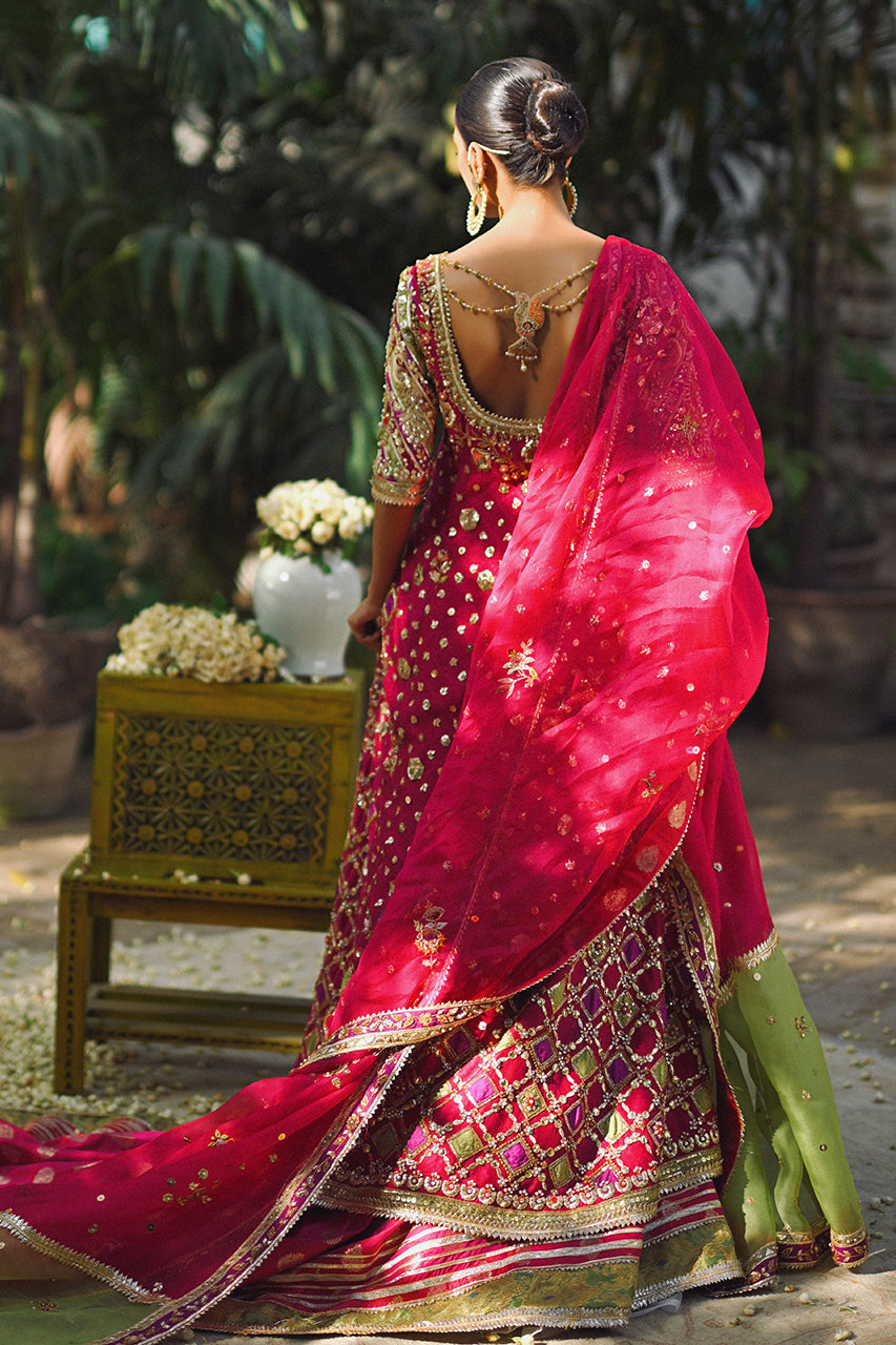 Hot Pink & Sage Green Zardozi Cotton Net Bridal Lehenga (3-Piece) - Image 5