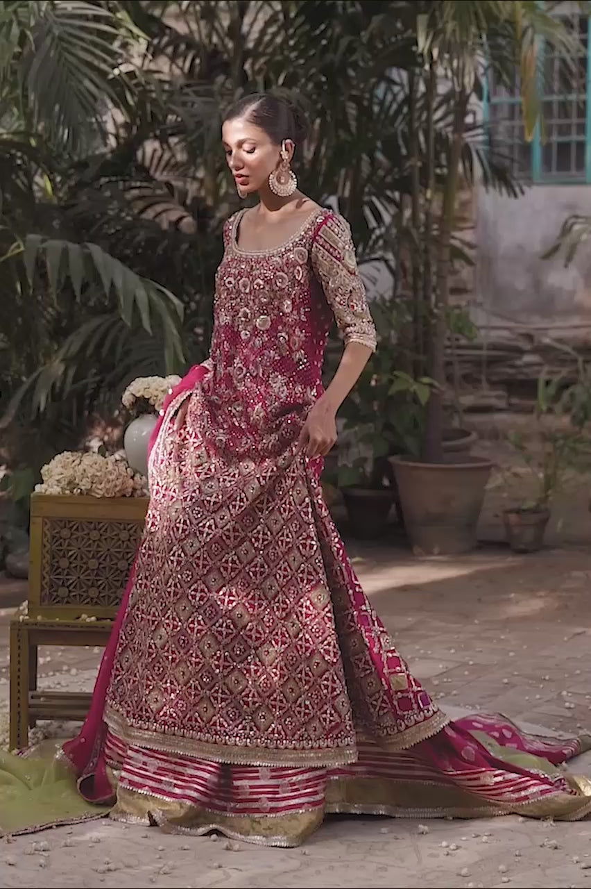 Hot Pink & Sage Green Zardozi Cotton Net Bridal Lehenga (3-Piece) - Image 6