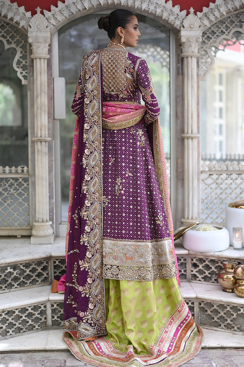 Pakistani Magenta Zardozi Cotton Net Angrakha Lehenga (3-Piece) - Image 2