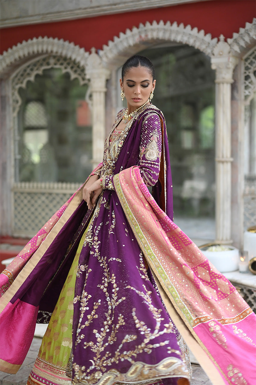 Pakistani Magenta Zardozi Cotton Net Angrakha Lehenga (3-Piece) - Image 5