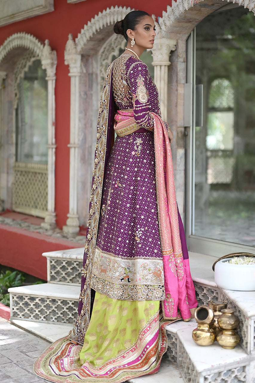 Pakistani Magenta Zardozi Cotton Net Angrakha Lehenga (3-Piece) - Image 6