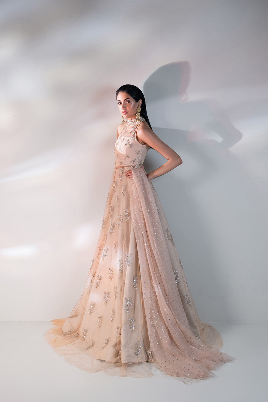 Pakistani Light Peach Embellished Net Lehenga (3-Piece) - Image 1