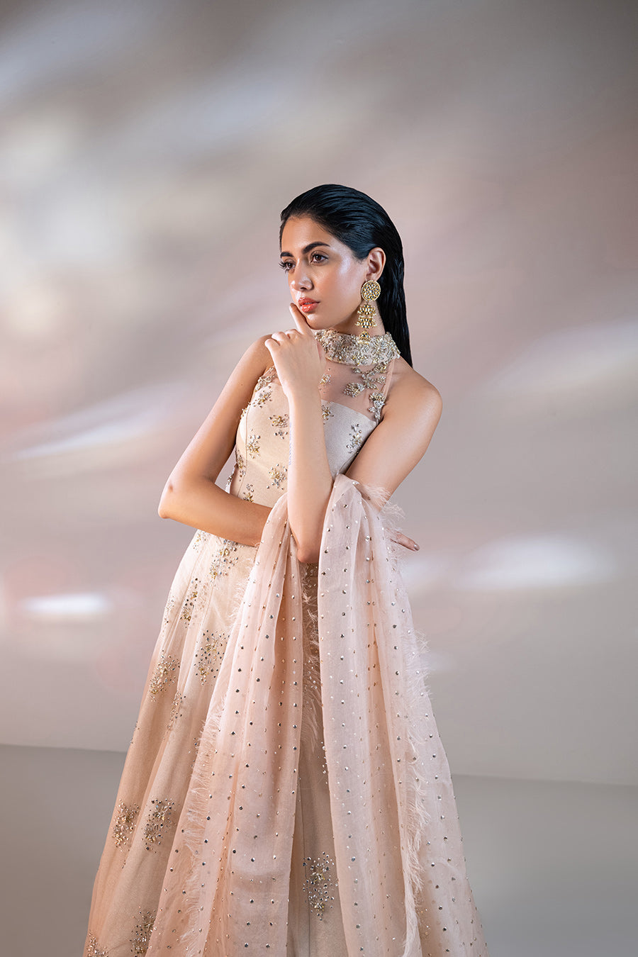 Pakistani Light Peach Embellished Net Lehenga (3-Piece) - Image 2