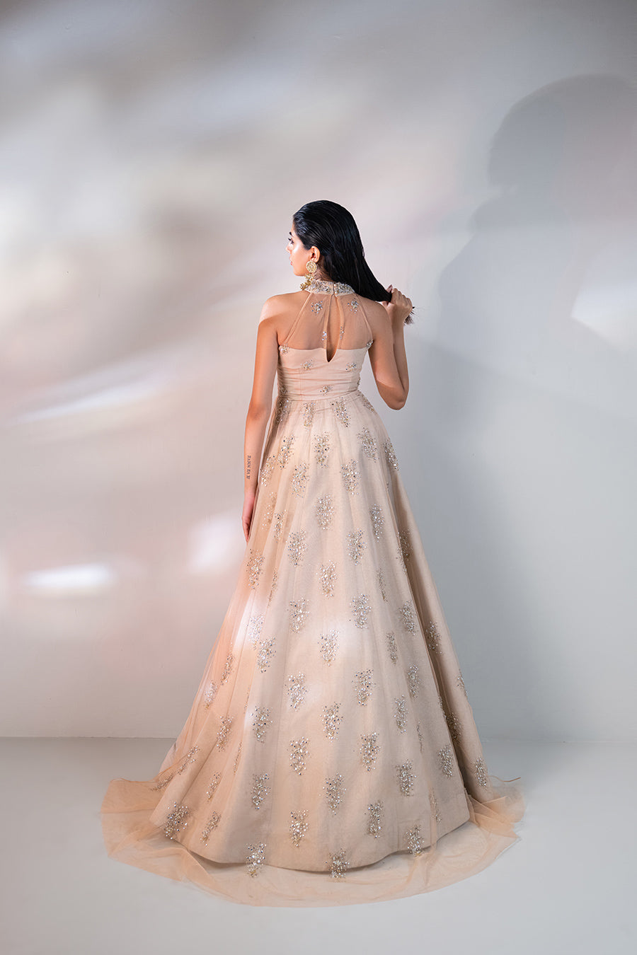 Pakistani Light Peach Embellished Net Lehenga (3-Piece) - Image 3