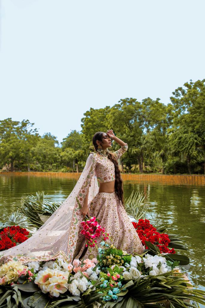 Pakistani Pastel Pink Crystal Embroidered Cotton Silk Lehenga (3-Piece) - Image 2