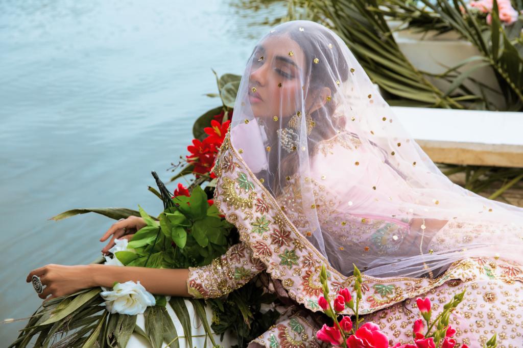 Pakistani Pastel Pink Crystal Embroidered Cotton Silk Lehenga (3-Piece) - Image 3