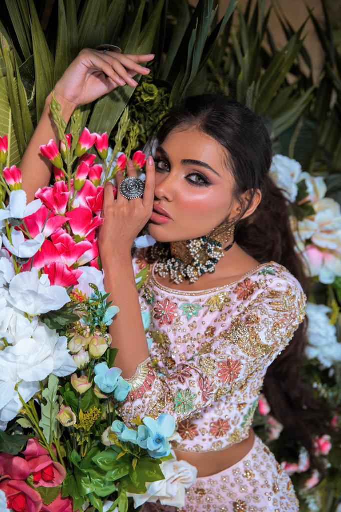 Pakistani Pastel Pink Crystal Embroidered Cotton Silk Lehenga (3-Piece) - Image 4