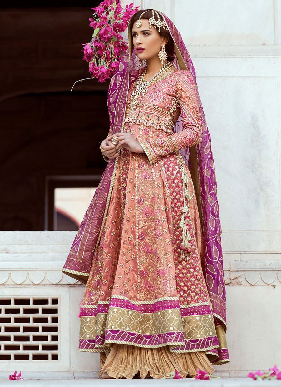 Pakistani Peach Magenta Embroidered Net Bridal Lehenga (3-Piece) - Image 1