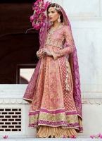 Pakistani Peach Magenta Embroidered Net Bridal Lehenga (3-Piece) - Image 2