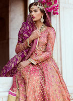 Pakistani Peach Magenta Embroidered Net Bridal Lehenga (3-Piece) - Image 3