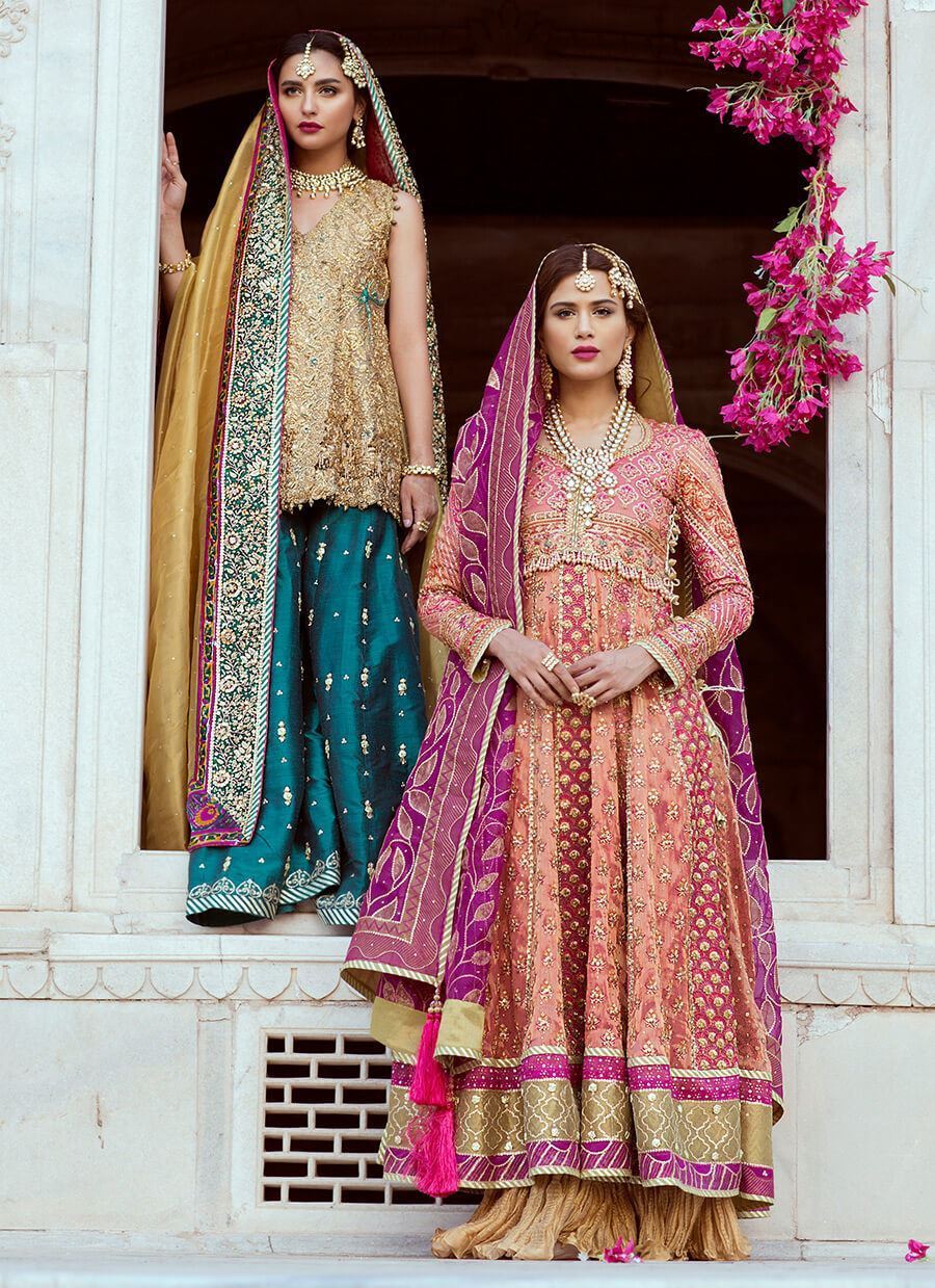 Pakistani Peach Magenta Embroidered Net Bridal Lehenga (3-Piece) - Image 6