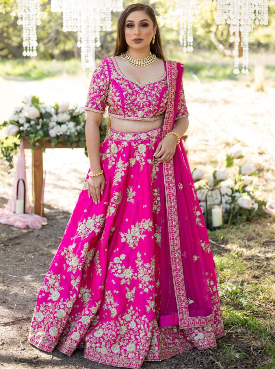 Fuchsia Embroidered Dupion Silk Bridal Lehenga Choli (3-Piece) - Image 1