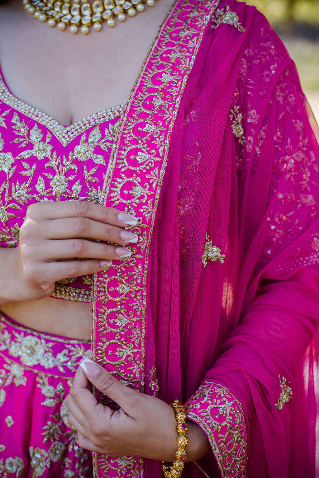 Fuchsia Embroidered Dupion Silk Bridal Lehenga Choli (3-Piece) - Image 3