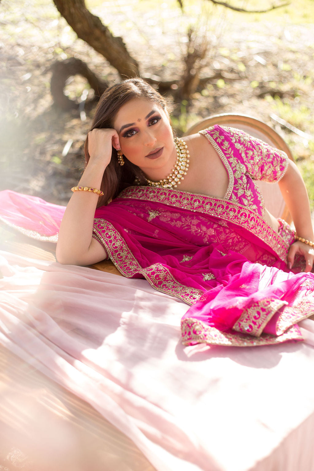 Fuchsia Embroidered Dupion Silk Bridal Lehenga Choli (3-Piece) - Image 4