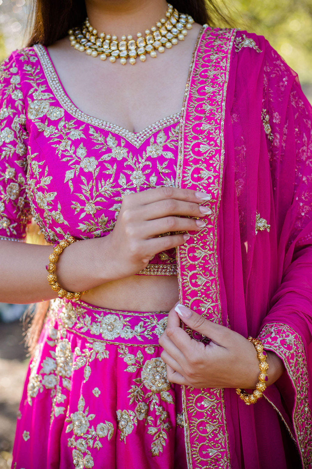 Fuchsia Embroidered Dupion Silk Bridal Lehenga Choli (3-Piece) - Image 8