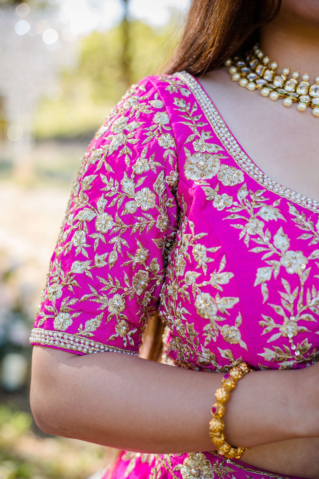 Fuchsia Embroidered Dupion Silk Bridal Lehenga Choli (3-Piece) - Image 9