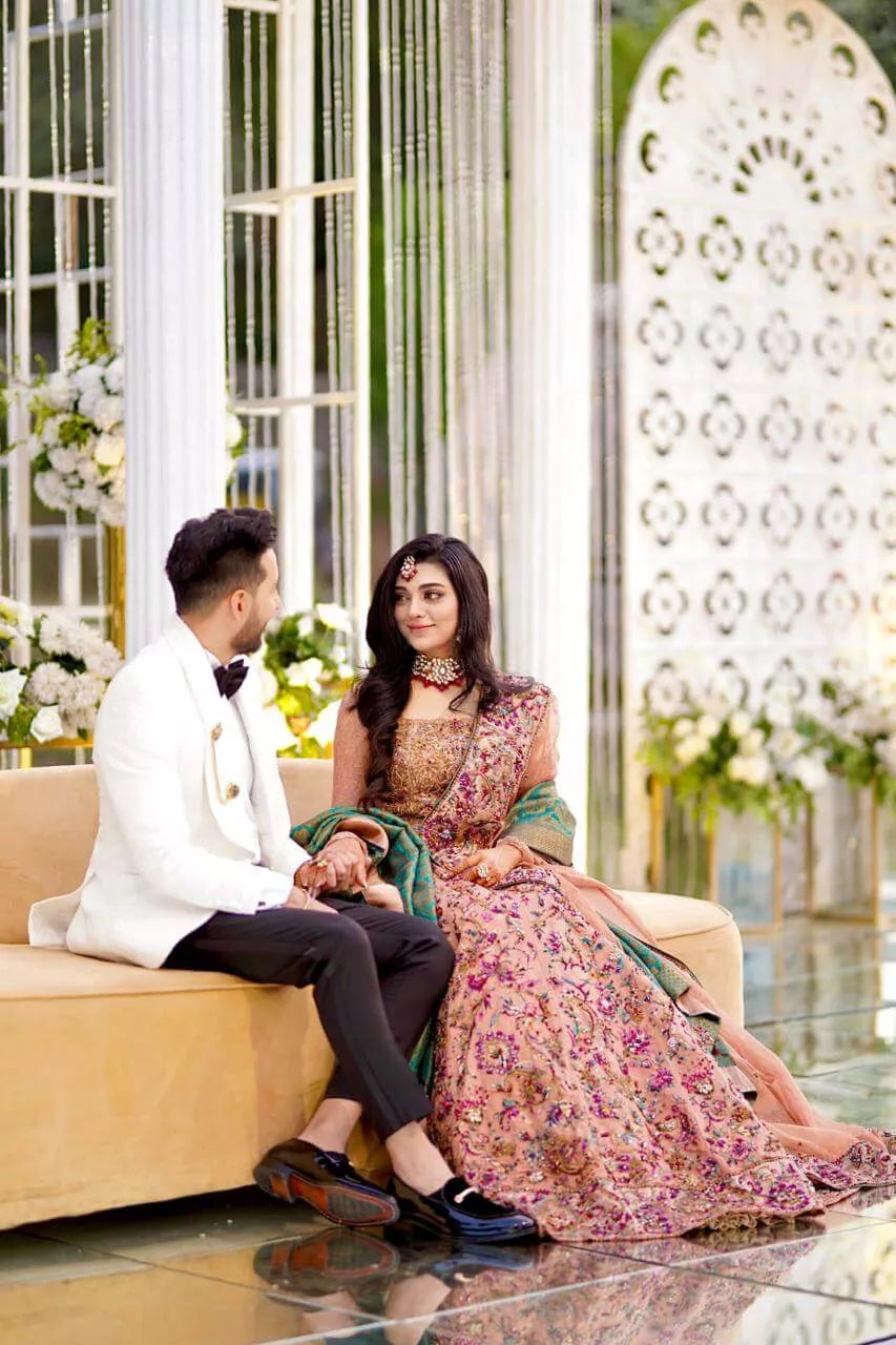 Peach Embellished Satin & Tissue Bridal Lehenga (3-Piece) - Image 2