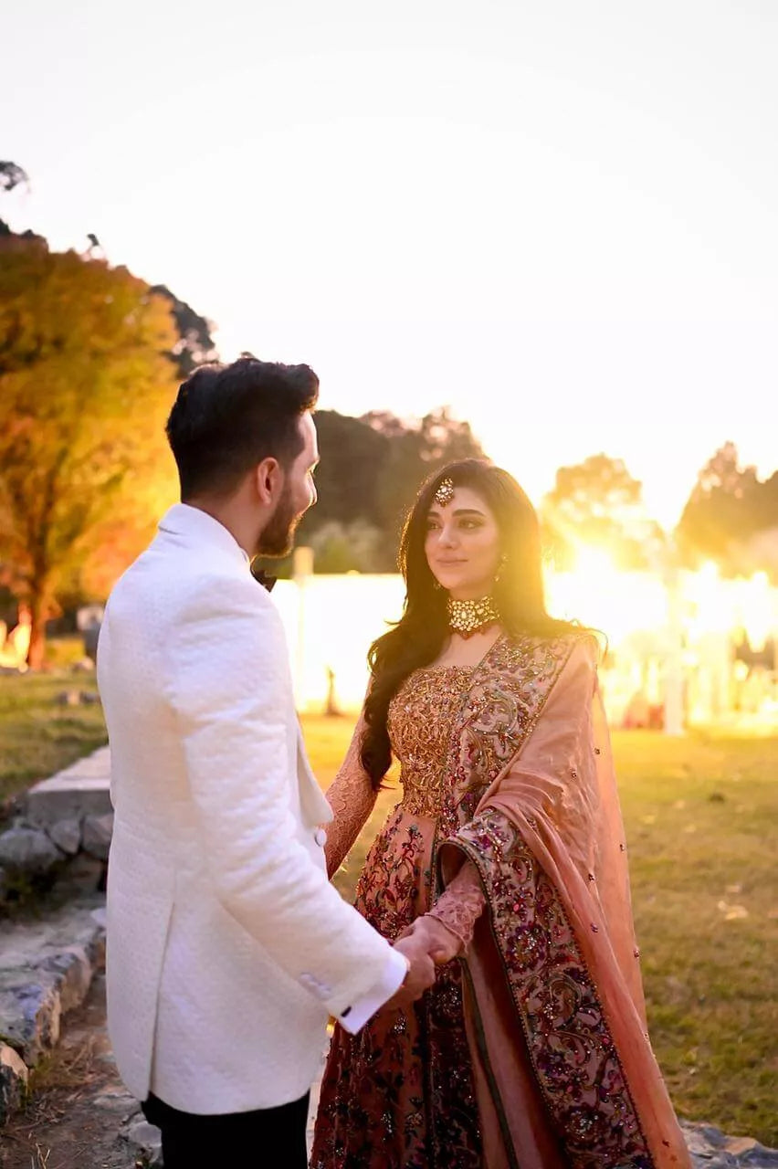 Peach Embellished Satin & Tissue Bridal Lehenga (3-Piece) - Image 3