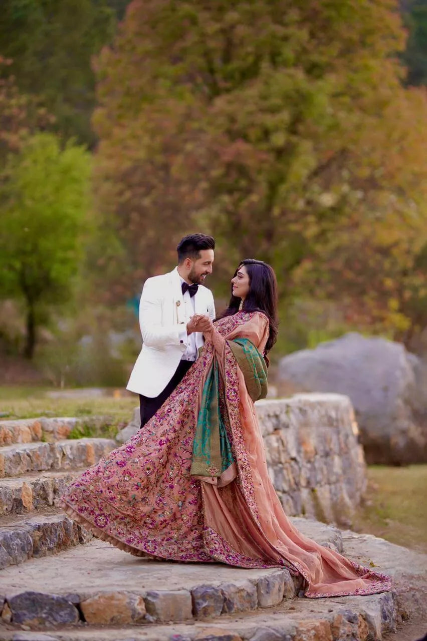 Peach Embellished Satin & Tissue Bridal Lehenga (3-Piece) - Image 5