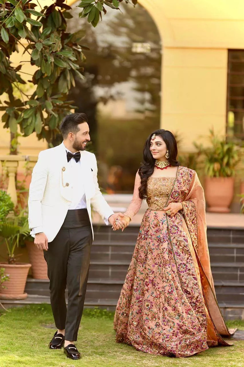 Peach Embellished Satin & Tissue Bridal Lehenga (3-Piece) - Image 6