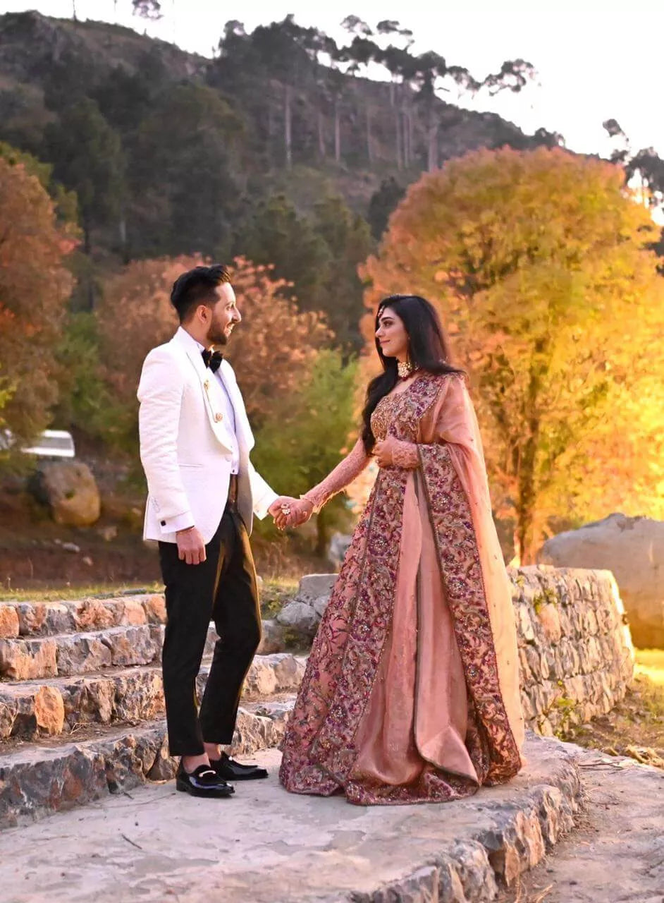 Peach Embellished Satin & Tissue Bridal Lehenga (3-Piece) - Image 7