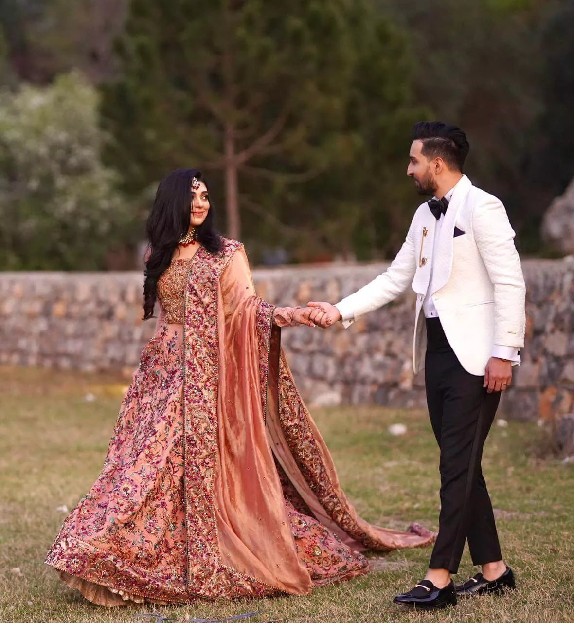 Peach Embellished Satin & Tissue Bridal Lehenga (3-Piece) - Image 8