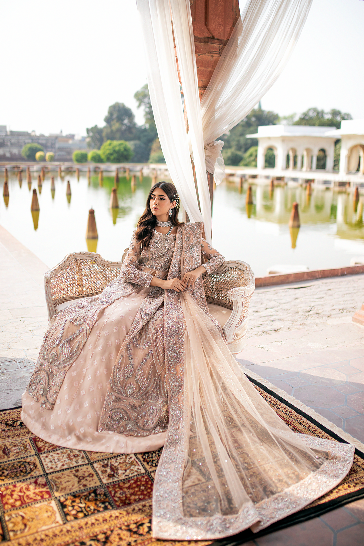 Pakistani Peach Embroidered Pure Net Gown with Organza Lehenga (3-Piece) - Image 9