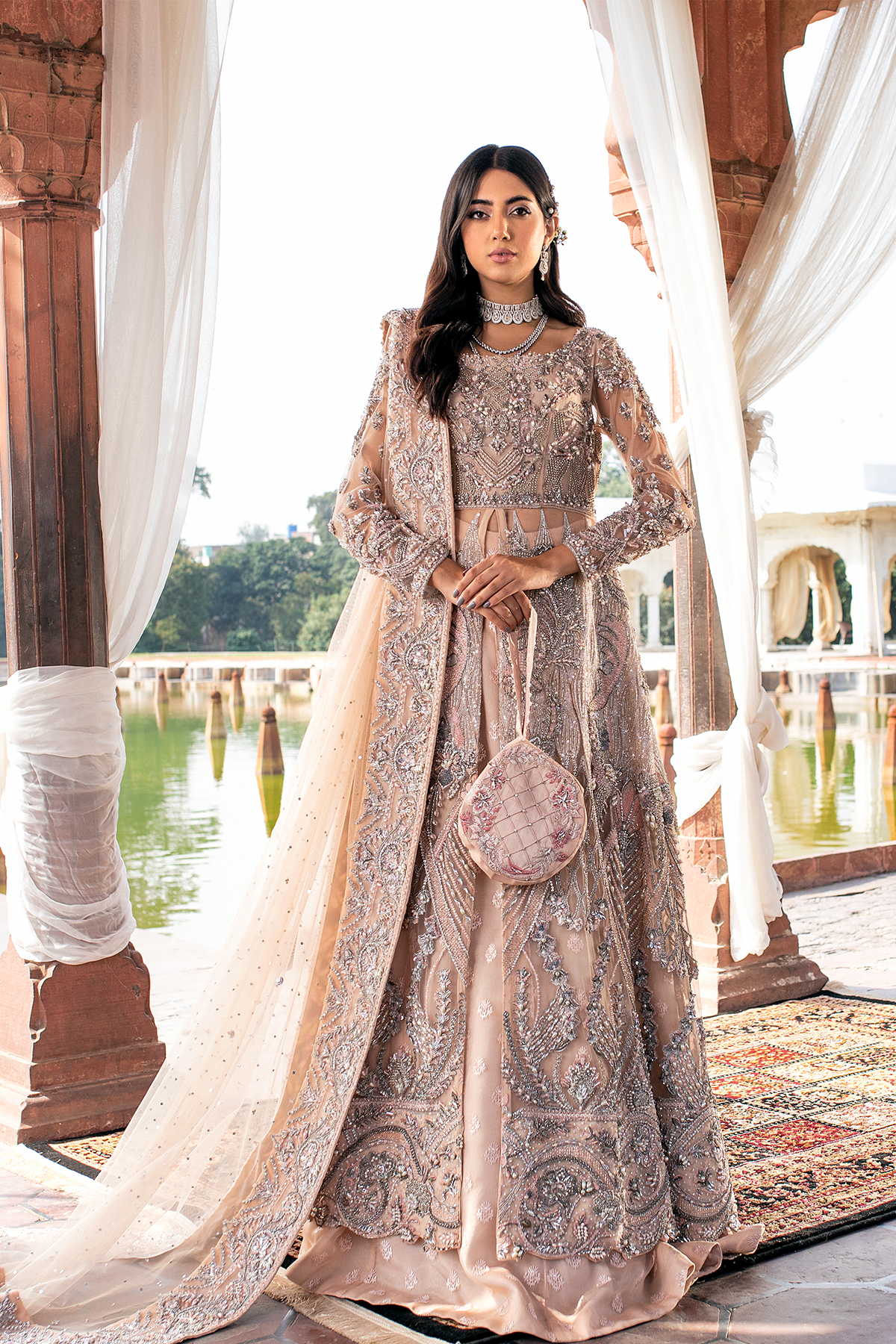 Pakistani Peach Embellished Pure Net Walima Gown (3-Piece) - Image 1