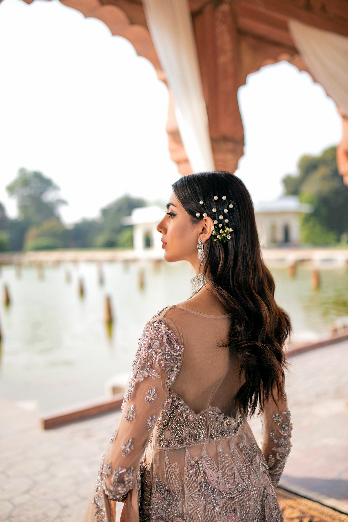 Pakistani Peach Embellished Pure Net Walima Gown (3-Piece) - Image 10