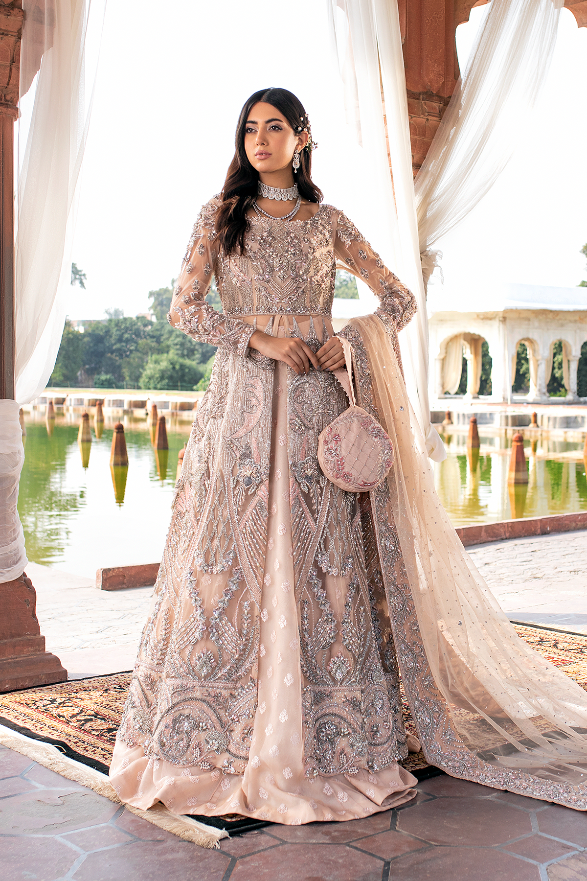 Pakistani Peach Embellished Pure Net Walima Gown (3-Piece) - Image 3