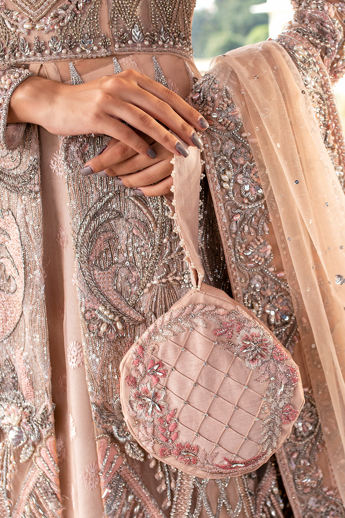 Pakistani Peach Embellished Pure Net Walima Gown (3-Piece) - Image 5