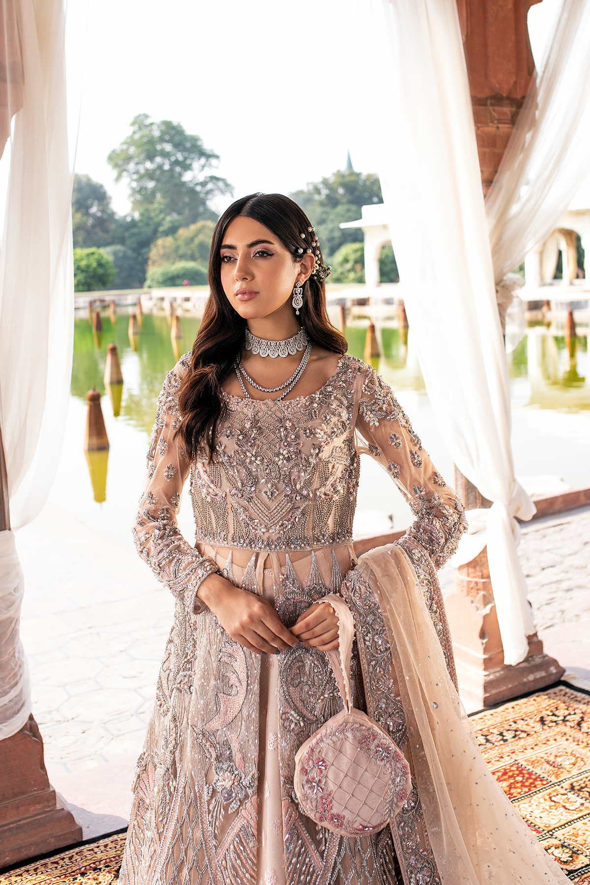 Pakistani Peach Embellished Pure Net Walima Gown (3-Piece) - Image 6