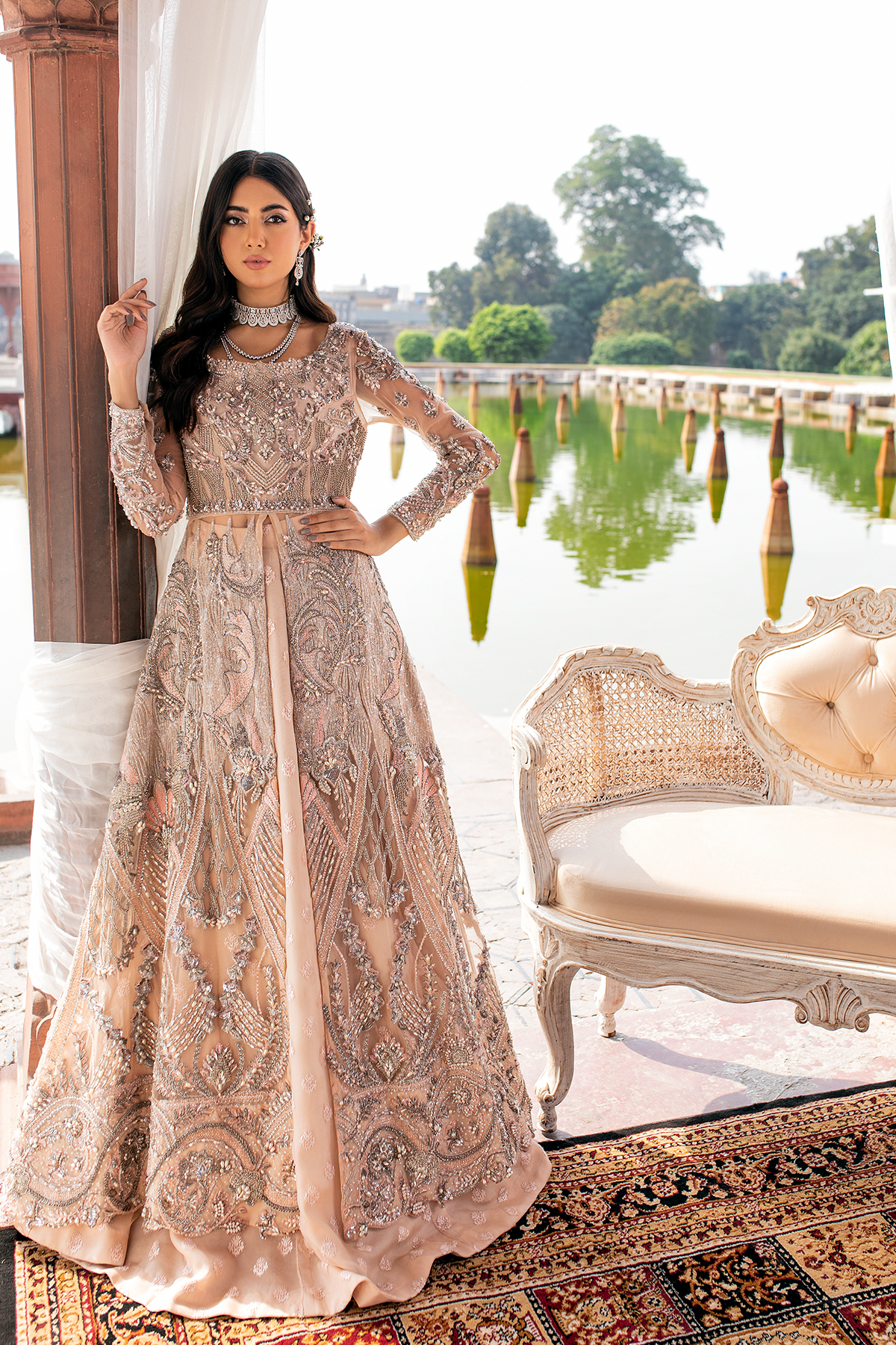 Pakistani Peach Embellished Pure Net Walima Gown (3-Piece) - Image 7