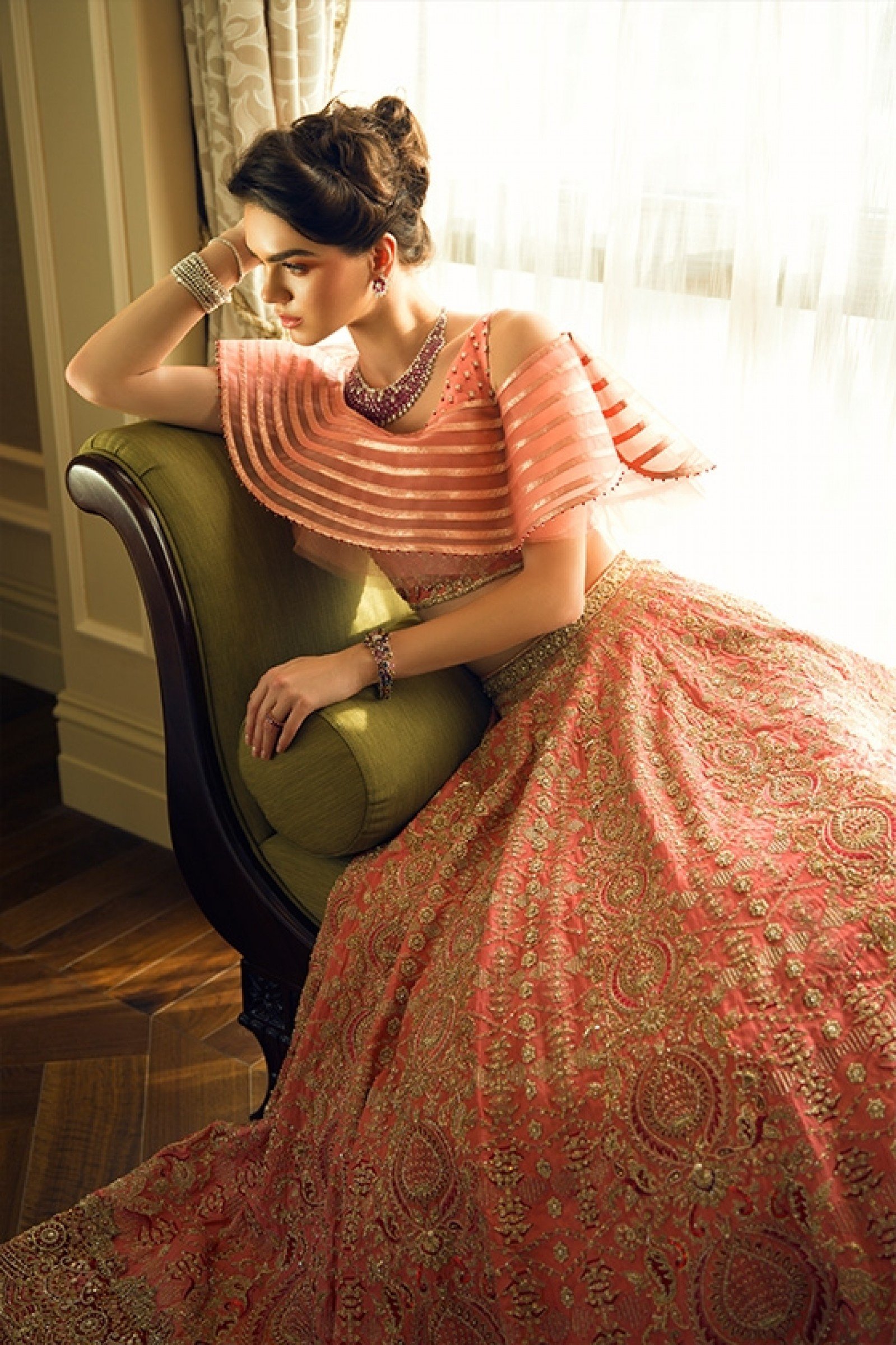 Pakistani Coral Embroidered Silk Blend Lehenga (2-Piece) - Image 1